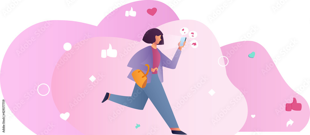 Young woman running for social media like notifications. Girl addicted to social media and online feedback. Addiction to internet friendship platform . Vector illustration in flat cartoon style. Young woman running for social media like notifications. Girl addicted to social media and online feedback. Addiction to internet friendship platform . Vector illustration in flat cartoon style.
