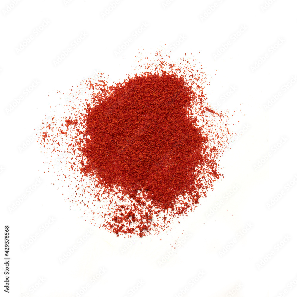 Saffron Powder, Isolated – Powdered Crimson Spice from Crocus Sativus, Rare and Expensive Gourmet Seasoning Aroma – Detailed Close-Up Macro, Top View, from Above – Isolated on White Background
