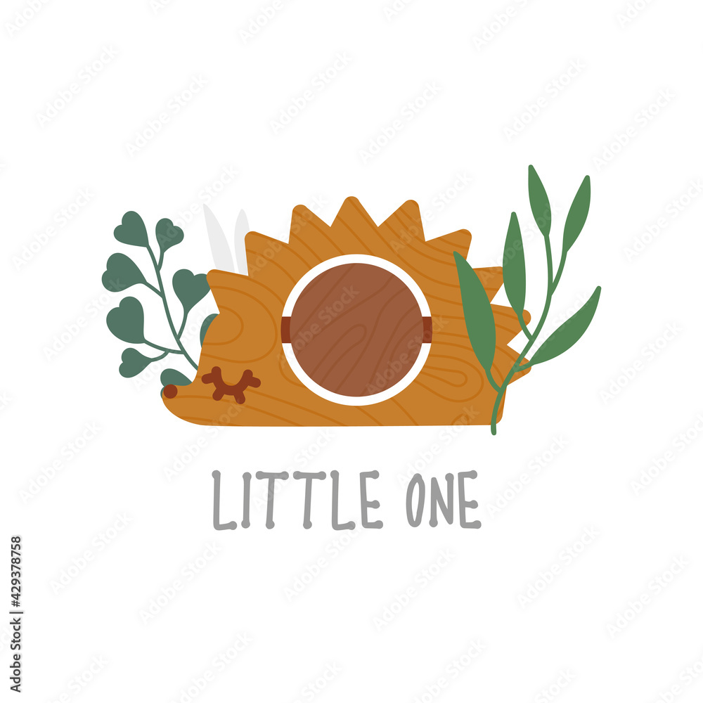 Eco wooden toy hedgehog baby rattle with eucalyptus leaves, cute kids card, poster, flyer. Neutral colors illustration isolated on white. Vector Eco wooden toy hedgehog baby rattle with eucalyptus leaves, cute kids card, poster, flyer. Neutral colors illustration isolated on white. Vector