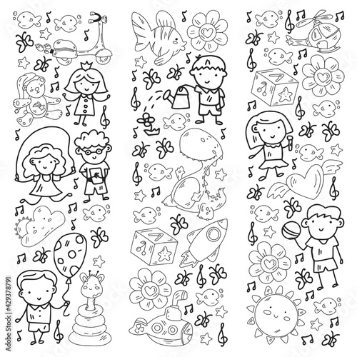 Vector pattern with boys and girls. Kindergarten and toys. Happy childhood and creativity with imagitanion.