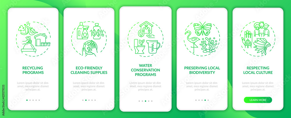 Green hotel features onboarding mobile app page screen with concepts. Preserve local biodiversity walkthrough 5 steps graphic instructions. UI, UX, GUI vector template with linear color illustrations Green hotel features onboarding mobile app page screen with concepts. Preserve local biodiversity walkthrough 5 steps graphic instructions. UI, UX, GUI vector template with linear color illustrations