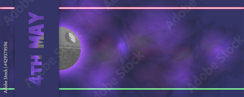 Futuristic purple flyer 4th May Geeks Day Muddy wavy background laser beams Half 3d space station