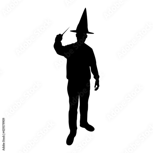 Silhouette wizard holds magic wand trick waving sorcery concept magician sorcerer fantasy person warlock man in robe with magical stick witchcraft in hat mantle mage conjure mystery idea enchantment 
