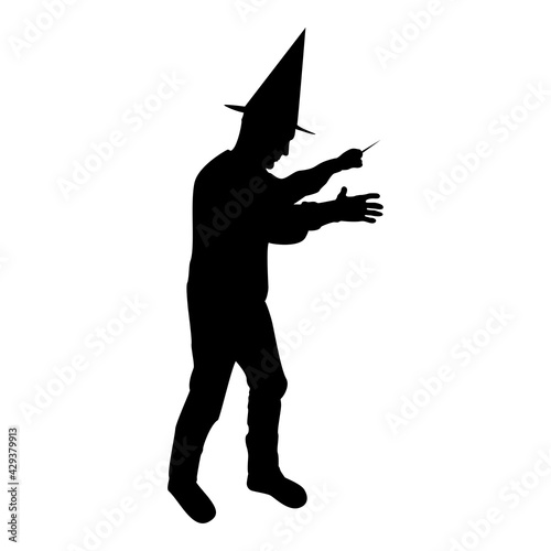 Silhouette wizard holds magic wand trick waving sorcery concept magician sorcerer fantasy person warlock man in robe with magical stick witchcraft in hat mantle mage conjure mystery idea enchantment 
