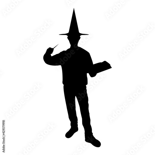 Silhouette wizard holds magic wand trick book waving sorcery concept magician sorcerer fantasy person warlock man in robe with magical stick witchcraft in hat mantle mage conjure mystery idea 