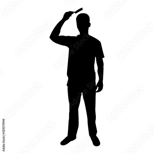 Silhouette man is combing hair use hairbrush front view black color vector illustration flat style image