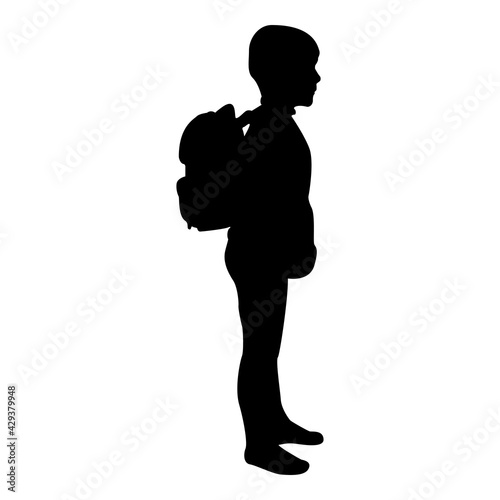 Silhouette schoolboy with backpack pupil stand carrying on back going to school concept come back to school idea education preschooler rucksack first september start lessons knapsack side view black 
