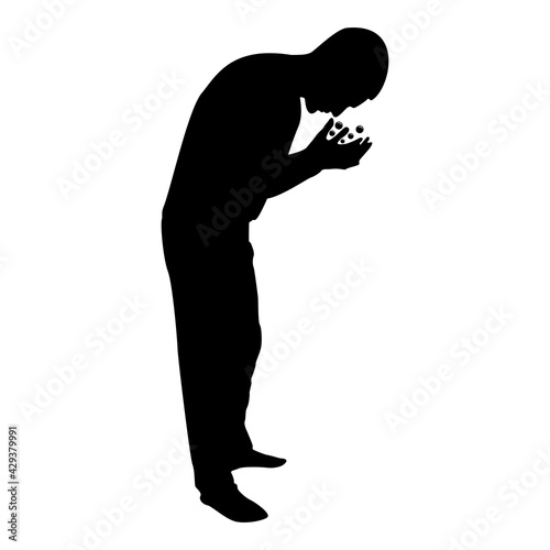 Silhouette man wash face water male cleansing facial washes his concept cares about his look hygiene bubbles in hand black color vector illustration flat style image
