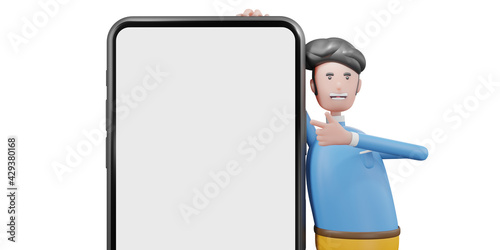 Cartoon character guy points a finger at smartphone. smartphone mockup, 3d rendering