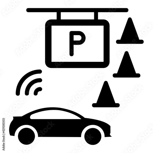 autopilot car parking Concept, self driving car with tarffic cones Vector Icon Design, Autonomous driverless vehicle Symbol, Robo car Sign, Automated driving system stock illustration