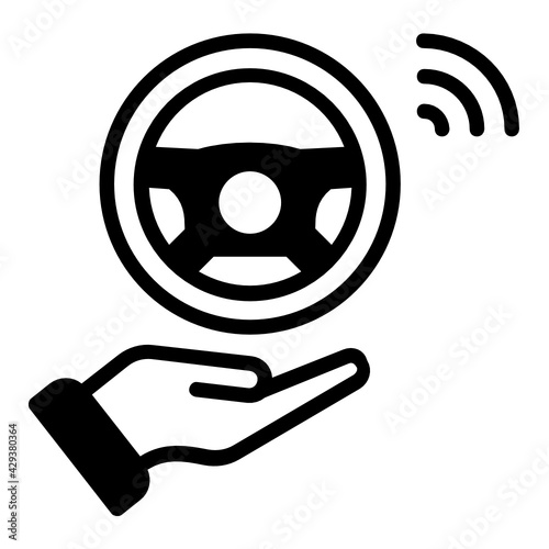 Self driving driver assistance Concept, Streering Wheel Vector Icon Design, Autonomous driverless vehicle Symbol, Robo car Sign, Automated driving system stock illustration