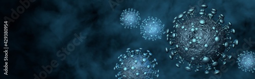 2021 coronavirus pandemic banner. Microscopic view of a infectious virus. Contagion and propagation of a disease. 3D rendering photo