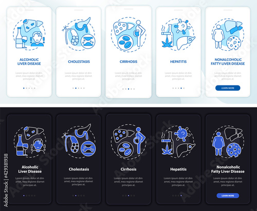 Liver problems onboarding mobile app page screen with concepts. Cancer, fibrosis walkthrough 5 steps graphic instructions. UI, UX, GUI vector template with linear night and day mode illustrations