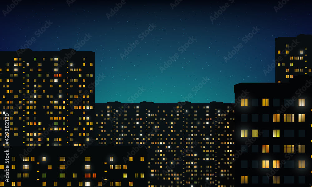 Glowing gold windows of buildings, stars in night sky. View from window on  city night landscape. Light of windows in tall buildings, starry sky.  Abstract background, wallpaper. Vector illustration Stock Vector