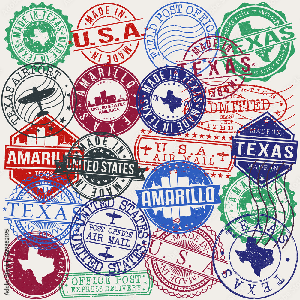 Naklejka premium Amarillo Texas Set of Stamps. Travel Stamp. Made In Product. Design Seals Old Style Insignia.