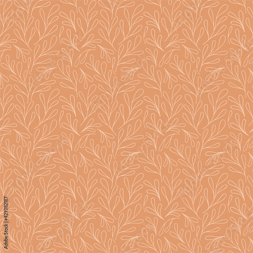 Vector natural seamless pattern. Contour floral pattern. Monochrome background with leaves
