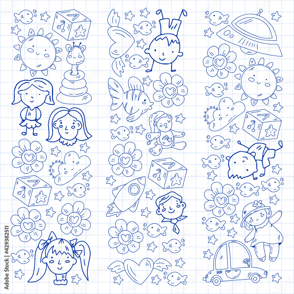 Vector pattern with boys and girls. Kindergarten and toys. Happy childhood and creativity with imagitanion. Vector pattern with boys and girls. Kindergarten and toys. Happy childhood and creativity with imagitanion.