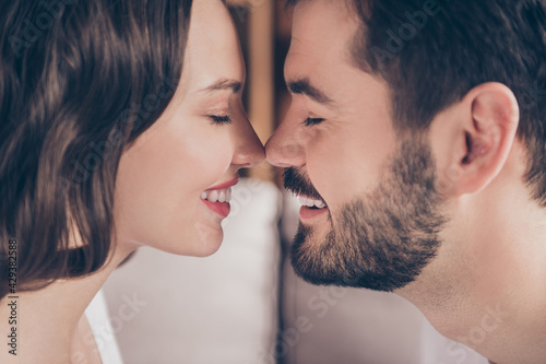 Cropped close-up profile side view portrait of attractive affectionate cheerful dreamy couple enjoying at home indoor