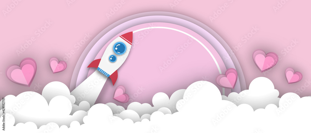 Paper art style of rocket flying Design and Love Heart Concept. paper cut and craft style on Red. flyers, banners, posters, templates ,design -3d Rendering Paper art style of rocket flying Design and Love Heart Concept. paper cut and craft style on Red. flyers, banners, posters, templates ,design -3d Rendering