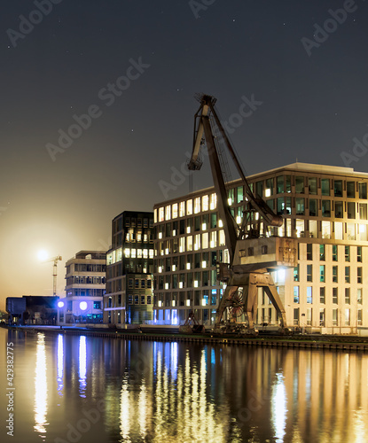 MUNSTER, GERMANY - the Inner harbor of Munster at full moon in Munster, North Rhine-Westphalia, Germany