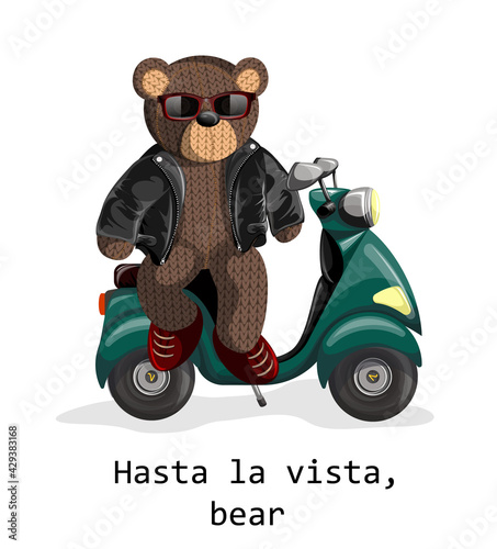 Vector image of a soft toy bear, depicted alive with a hint of humanity on an electric scooter wearing sun glasses and a leather jacket. Concept. EPS 10