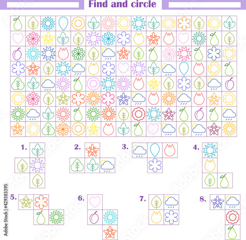  Logic game for children. Development of attention, thinking. Find and circle the fragments shown below