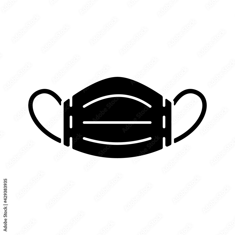 Medical mask black glyph icon. Protective wear from virus infection. Caution for biohazard. Doctor wear. Disposable PPE. Silhouette symbol on white space. Vector isolated illustration