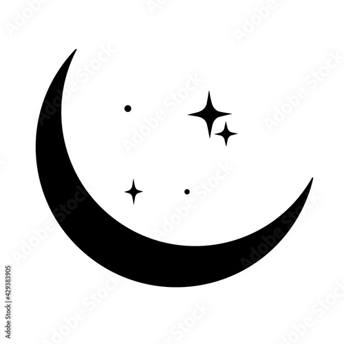 Black crescent moon with stars. islamic religious symbol Ramadan. Design element for logos icons. Vector illustration. Modern Boho style art