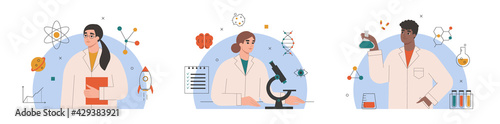 Set of scientists characters in laboratory. Collection of people working in science, students or medical doctors in uniforms. Research, innovation, discovery concept. Isolated flat vector illustration