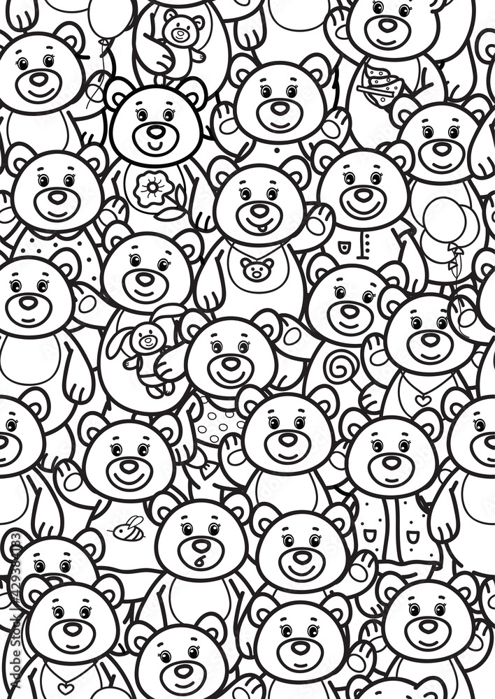 Vector cute bears cartoons, coloring page. Seamless pattern of Teddies cartoons.