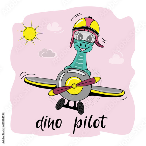  Cute baby dinosaur pilot flying on a plane. Vector design, hand drawing,  cartoon style dinosaurs flying on a plane. Illustrations for fashion fabrics, textile graphics, prints and other purposes.