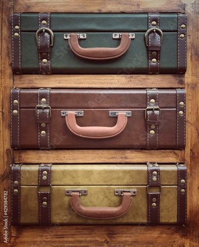 A stack of vintage or old fashioned leather suitcases or luggage in a travel background with copy space 