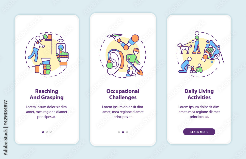 Fototapeta premium Upper-limb prostheses tasks onboarding mobile app page screen with concepts. Reaching, grasping walkthrough 3 steps graphic instructions. UI, UX, GUI vector template with linear color illustrations
