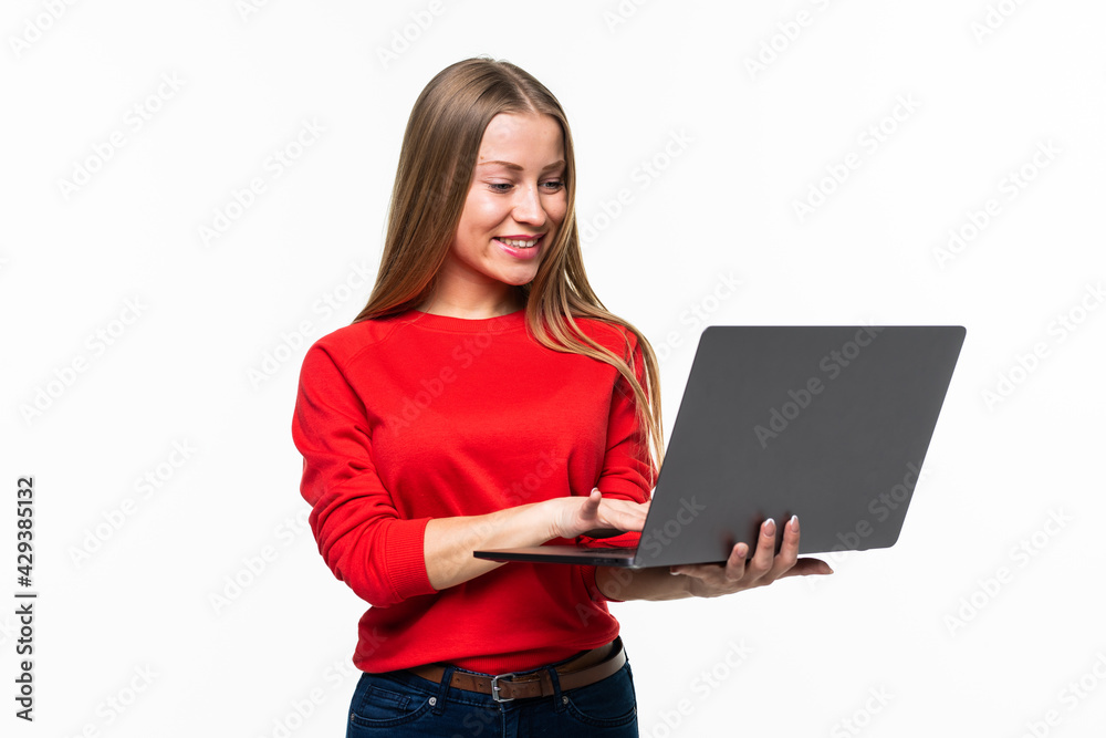 young beautiful modern woman having an laptop in hand isolated on white background young beautiful modern woman having an laptop in hand isolated on white background
