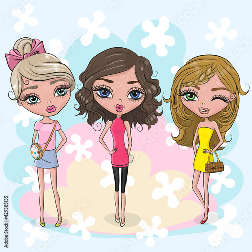 Cute Cartoon girls on a blue background