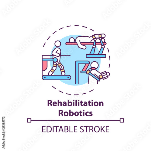 Rehabilitation robotics concept icon. Rehabilitation engineering idea thin line illustration. Robotic devices. Arm and leg movement recovery. Vector isolated outline RGB color drawing. Editable stroke