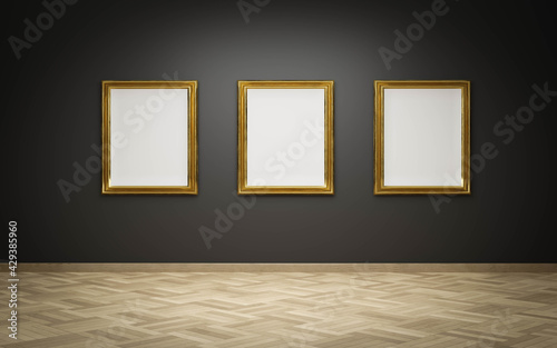 Fototapeta Naklejka Na Ścianę i Meble -  empty golden picture frames with blank canvas on black wall in art gallery exhibition 3d render illustration mock up template