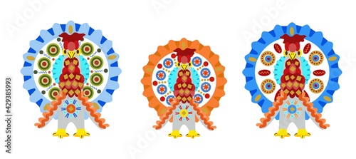 Set of vector toy turkeys with pattern in national Russian Dymkovo ornament isolated on white background.Collection of Kirov toys. Illustration in the poo cartoon style.Russian Maslenitsa