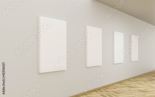empty canvas on white wall in art gallery with wooden floor exhibtion 3d render illustration mock up template