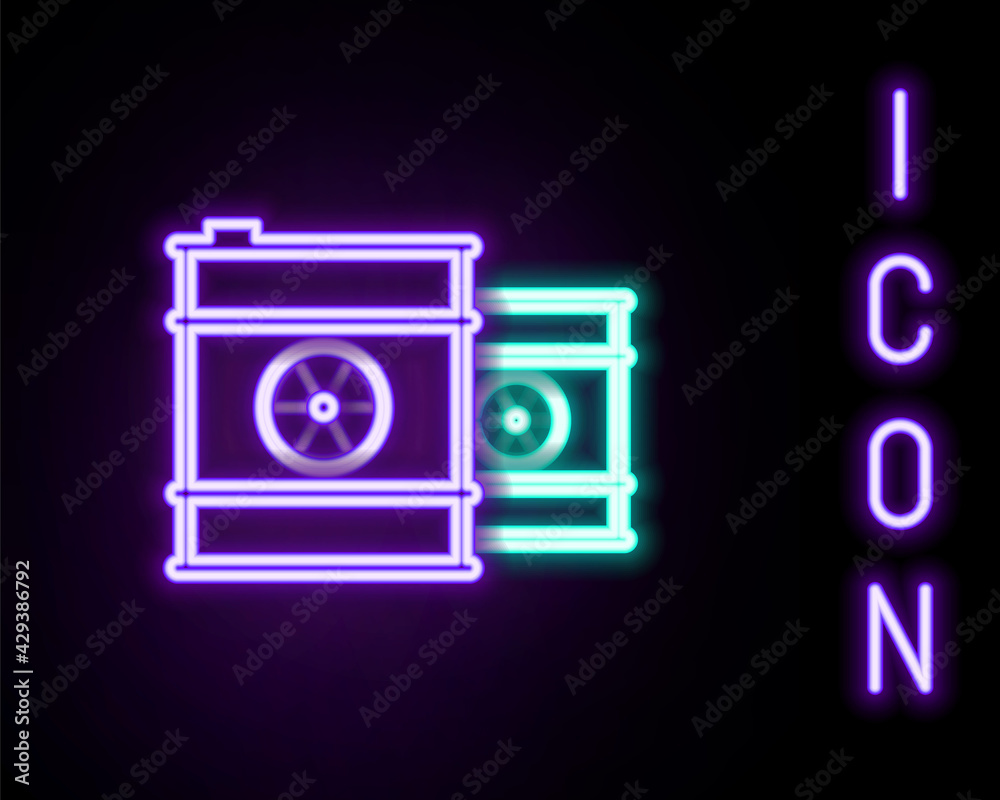 Glowing neon line Radioactive waste in barrel icon isolated on black background. Toxic refuse keg. Radioactive garbage emissions, environmental pollution. Colorful outline concept. Vector Glowing neon line Radioactive waste in barrel icon isolated on black background. Toxic refuse keg. Radioactive garbage emissions, environmental pollution. Colorful outline concept. Vector