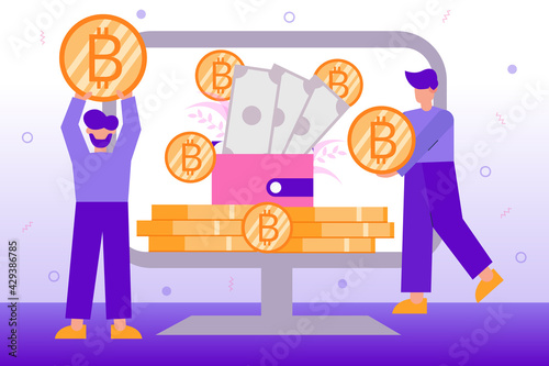 Business investment and cryptocurrency exchange concept illustration. People with bitcoin coin in hands, wallet and gold coin on the screen of monitor.