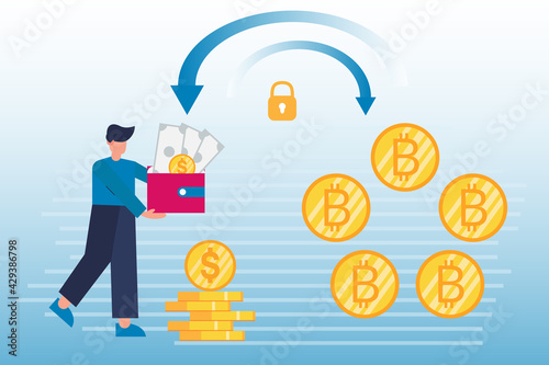 Cryptocurrency exchange concept illustration. Man with wallet and dollars and bitcoin. Multicurrency wallet. Online vector illustration.