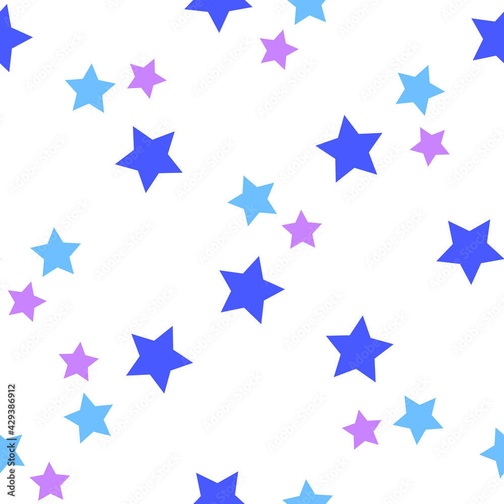 Seamless pattern with blue and lilac stars on a white background. Use for fabric, wrapping paper, wallpaper, print, backdrops, baby clothes, napkins, bags, merchandise, clothing, and artwork. Seamless pattern with blue and lilac stars on a white background. Use for fabric, wrapping paper, wallpaper, print, backdrops, baby clothes, napkins, bags, merchandise, clothing, and artwork.