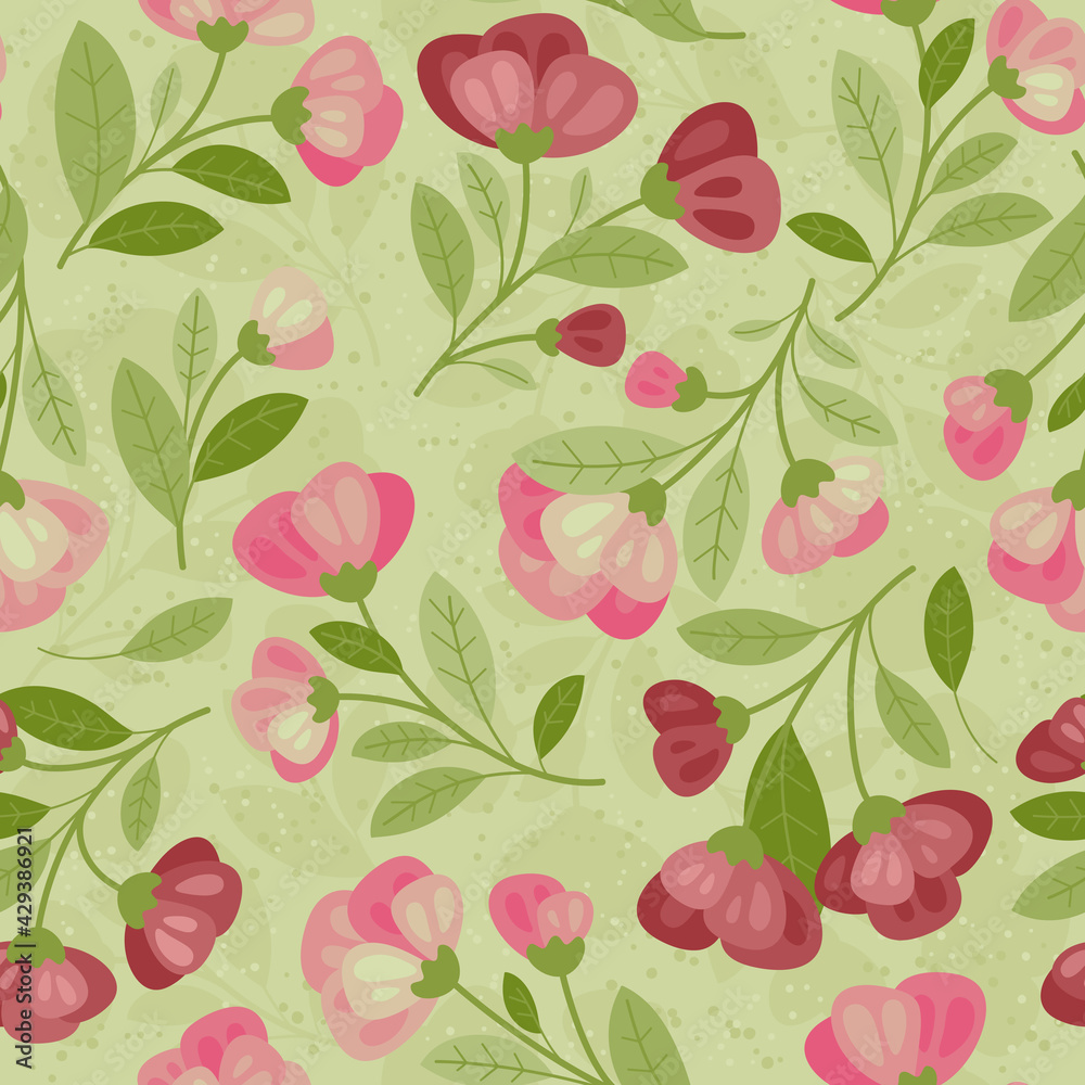 Spring flowers - Seamless pattern. Background with Burgundy flowers in hand drawn style. Loop pattern for fabric, textile, wallpaper, poster, web site, card, gift wrapping paper 
