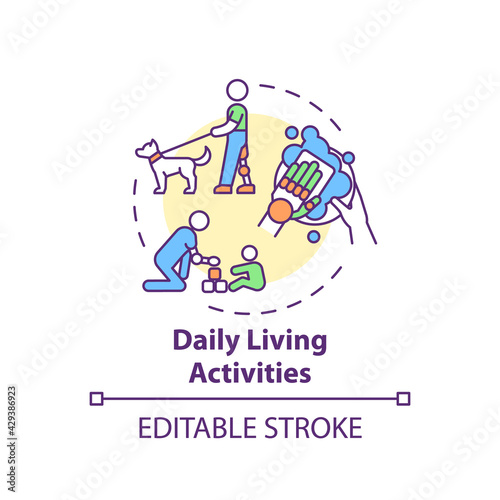Daily living activities concept icon. Upper-limb prostheses task idea thin line illustration. Reducing difficulties in complex tasks. Vector isolated outline RGB color drawing. Editable stroke