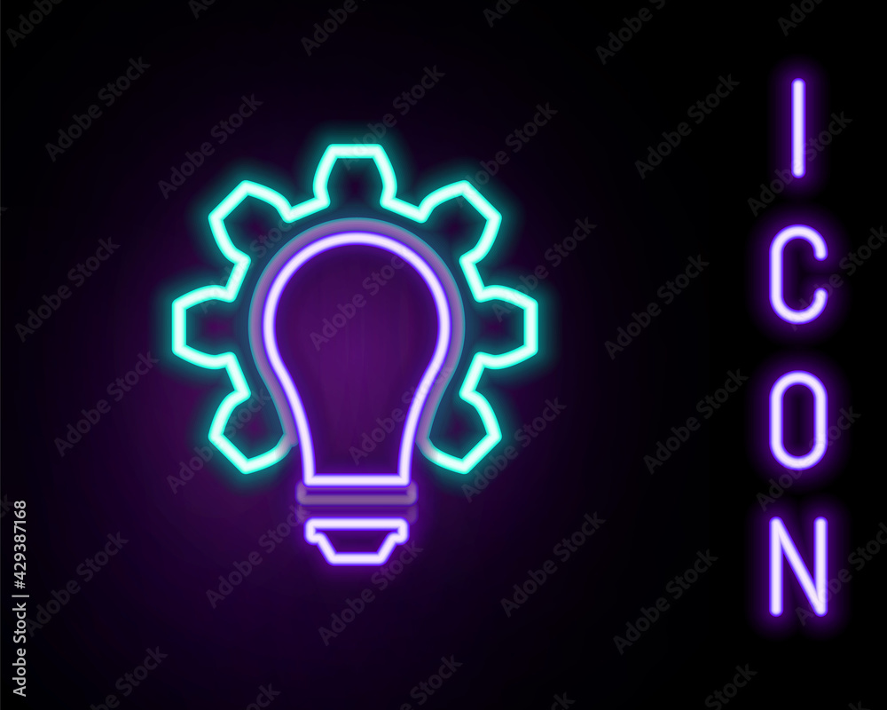 Glowing neon line Light bulb and gear icon isolated on black background. Innovation concept. Business idea. Colorful outline concept. Vector Glowing neon line Light bulb and gear icon isolated on black background. Innovation concept. Business idea. Colorful outline concept. Vector