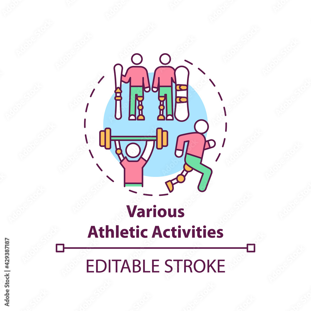 Various athletic activities concept icon. Lower-limb prostheses task idea thin line illustration. Participation in sports. Locomotion types. Vector isolated outline RGB color drawing. Editable stroke