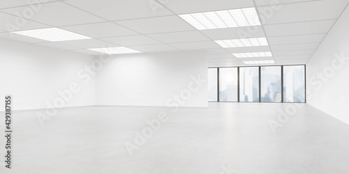 big white office loft room interior with panoramic window with city view 3d render illustration