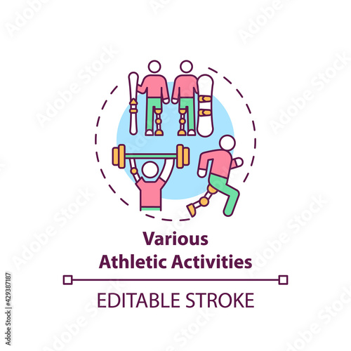 Various athletic activities concept icon. Lower-limb prostheses task idea thin line illustration. Participation in sports. Locomotion types. Vector isolated outline RGB color drawing. Editable stroke