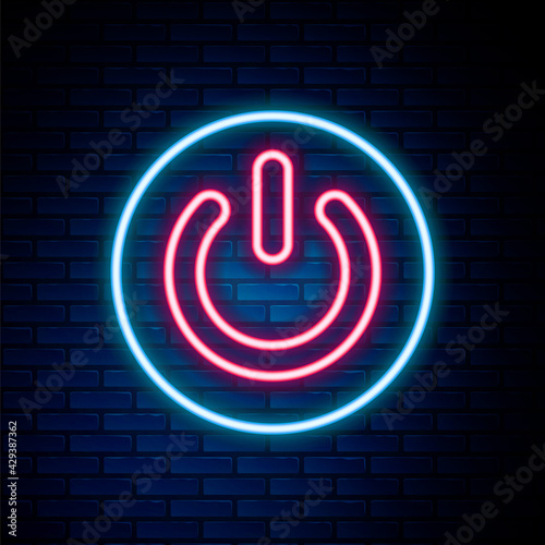 Glowing neon line Power button icon isolated on brick wall background. Start sign. Colorful outline concept. Vector